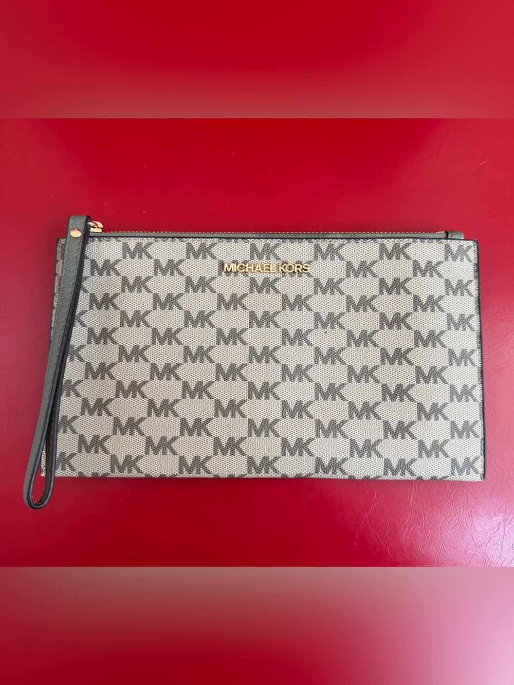 Michael Kors Beige and Grey Monogram Zip Pouch with Gold Logo